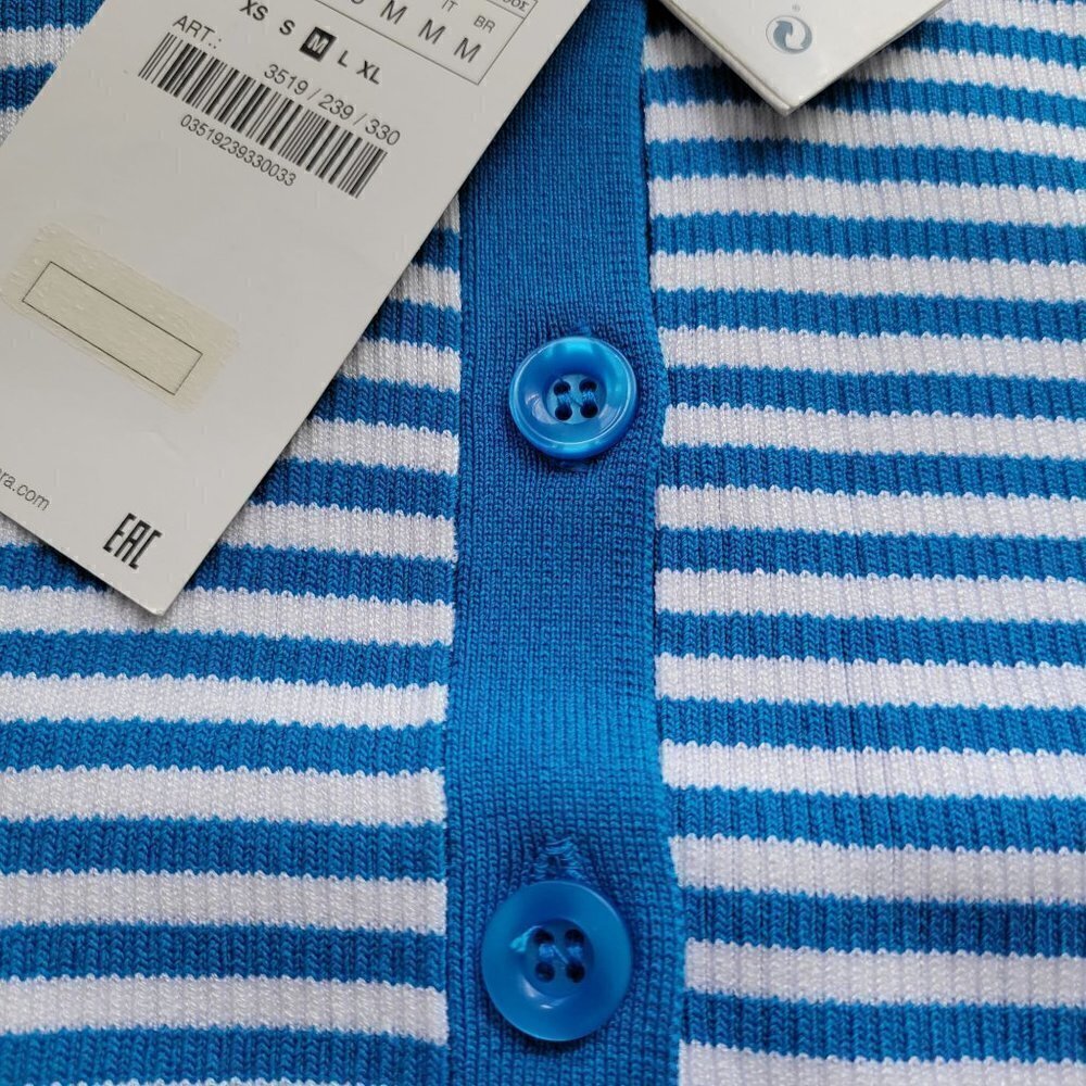 ZARA Cropped Blue Striped Sweater Knit Short Sleeve T-shirt Tee Top Size Medium - Picture 10 of 10